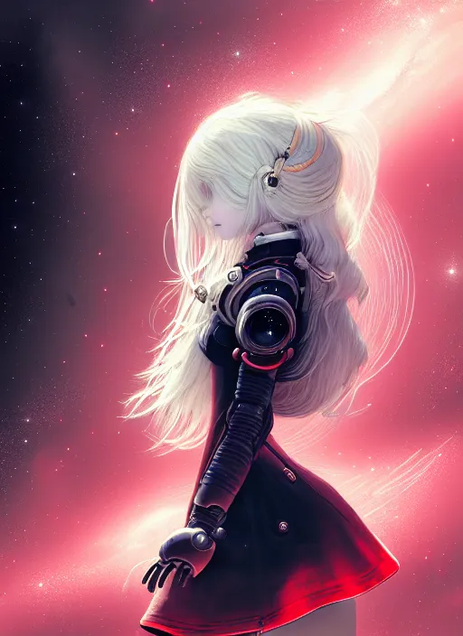 Prompt: highly detailed portrait of a hopeful pretty astronaut lady with a wavy blonde hair, by Jean-Baptiste Monge , 4k resolution, nier:automata inspired, bravely default inspired, vibrant but dreary but upflifting red, black and white color scheme!!! ((Space nebula background))