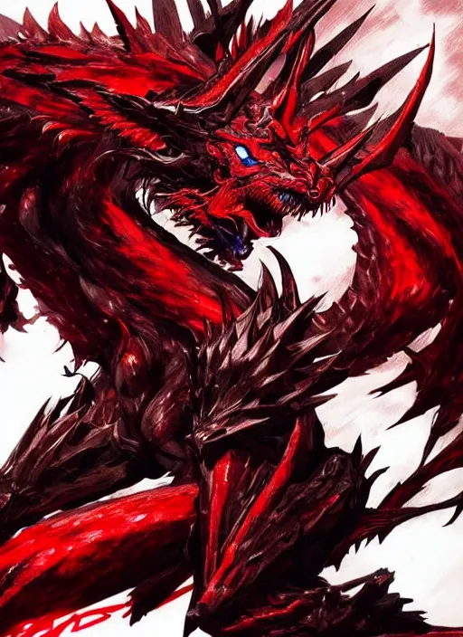 Prompt: Majestic red dragon with blue eyes. In style of Yoji Shinkawa and Hyung-tae Kim, trending on ArtStation, dark fantasy, great composition, concept art, highly detailed.