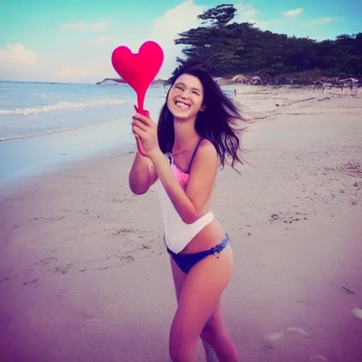 Prompt: “a college girl taking a selfie on the beach with lots of hearts in the air”