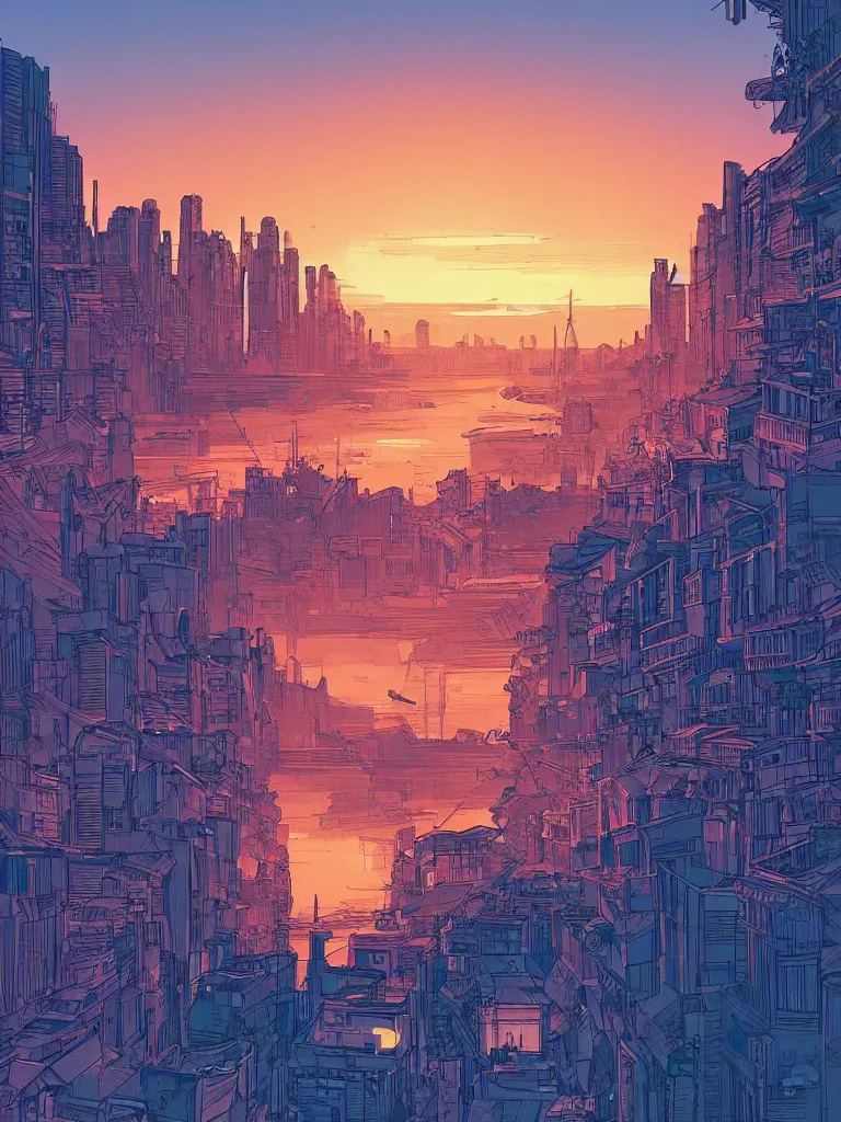 Image similar to a digital art of sunset, a metropolis beside the river, by laurie greasley, artstation, studio ghibli color scheme