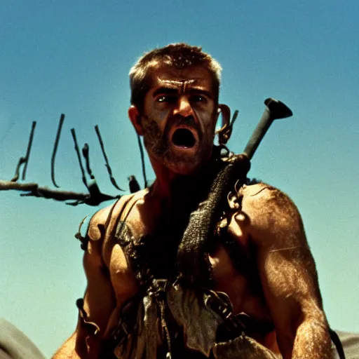 Prompt: mel gibson in mad max fury road, sandstorm scene, awe insipiring, cinestill colour, anamorphic