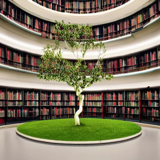 Prompt: a beautiful tree growing in the middle of a library