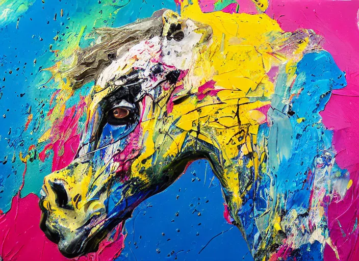 Image similar to abstract expressionist mid shot portrait of a horse made of very thick impasto paint and acrylic pour and coloured powder explosion and splashing paint and dripping paint and flying paint chunks, eyes closed or not visible, expressing strong emotions, art by antony micallef, motion blur, hyperrealistic, intricate art photography, anatomically correct, realistic crisp textures, 1 6 k