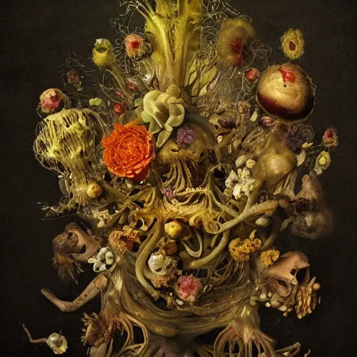 Prompt: disgusting disturbing strange dutch golden age bizarre mutant flower floral still life with many human body parts realistic human toes blossoming everywhere insects very detailed fungus tumor disturbing tendrils bizarre slimy forms sprouting up everywhere by rachel ruysch christian rex van minnen black background chiaroscuro dramatic lighting perfect composition masterpiece high definition 8 k 1 0 8 0 p