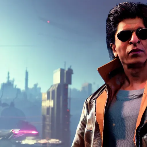 Image similar to full-frame of Shah Rukh Khan, wearing a brown leather-jacket, as a character from Cyberpunk 2077, looking at camera, intricate, sci-fi, extremely detailed, in the background cyperpunk-2077-city, concept art, artstation