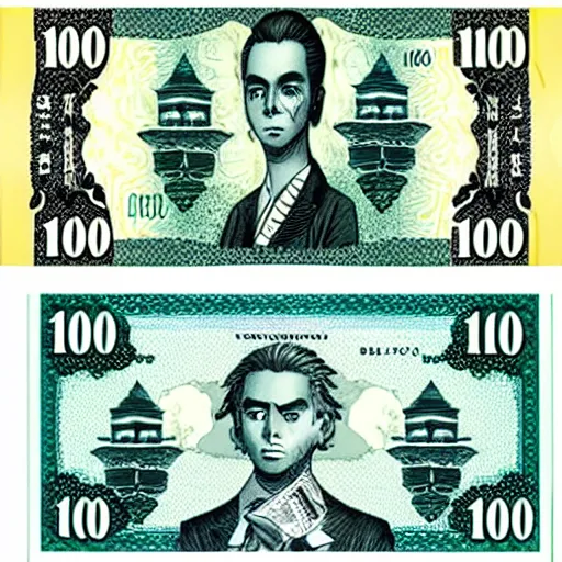 Prompt: australian $ 1 0 0 note, manga style