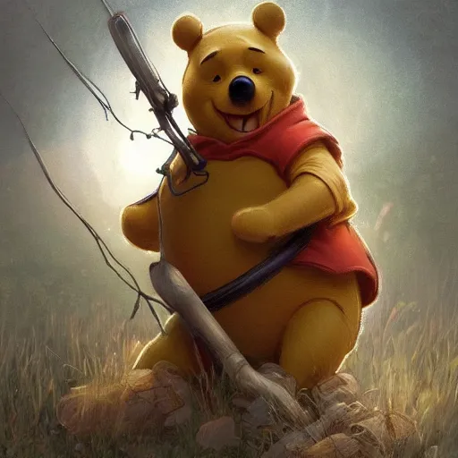 Image similar to Winnie the Pooh, battle-worn, highly detailed, digital painting, artstation, concept art, sharp focus, illustration, art by artgerm and greg rutkowski and alphonse mucha,