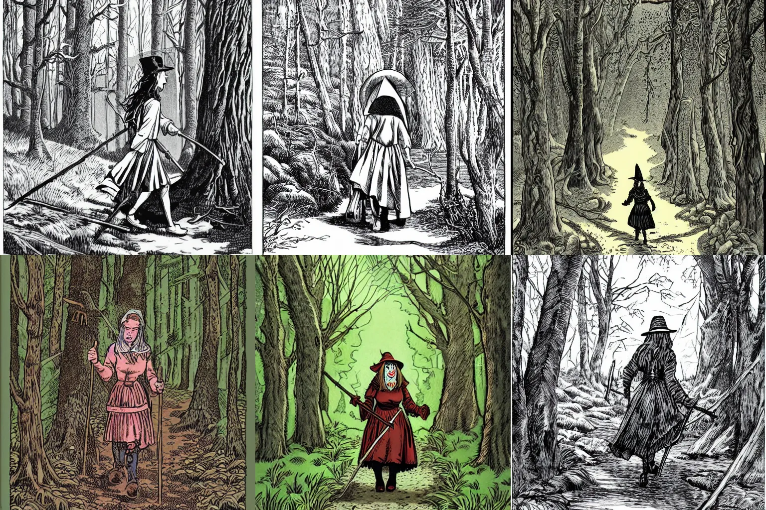 Prompt: a pilgrim witch walking through the woods, by arthur adams