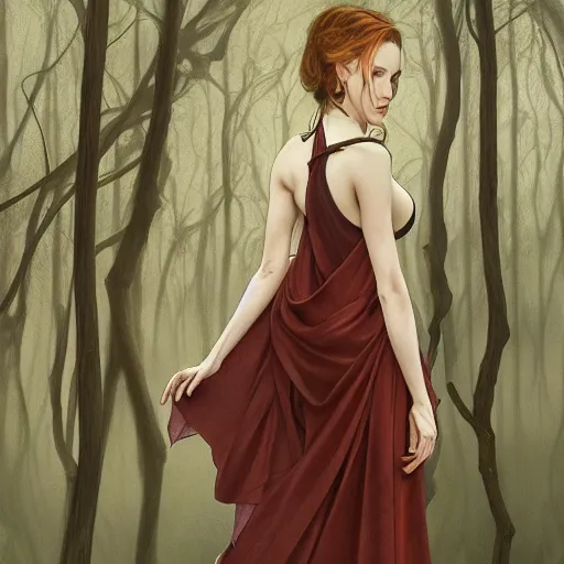 Prompt: full figure ultra realistic illustration, evan rachel wood in a forest wearing a dystopian black dress, brown flowy hair with tints of red, edo japan, intricate, elegant, highly detailed, digital painting, artstation, concept art, smooth, sharp focus, illustration, art by artgerm and greg rutkowski and alphonse mucha