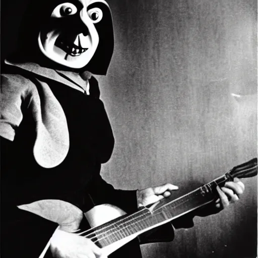 Prompt: bert jansch dresses as count orlok for halloween, playing guitar, photograph, 1 9 6 9