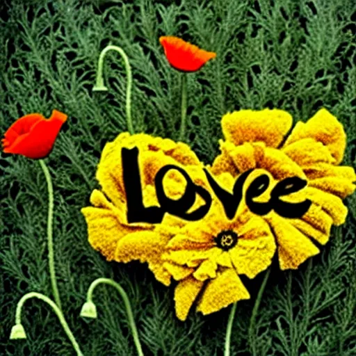 Prompt: the word love written with marigolds and poppies