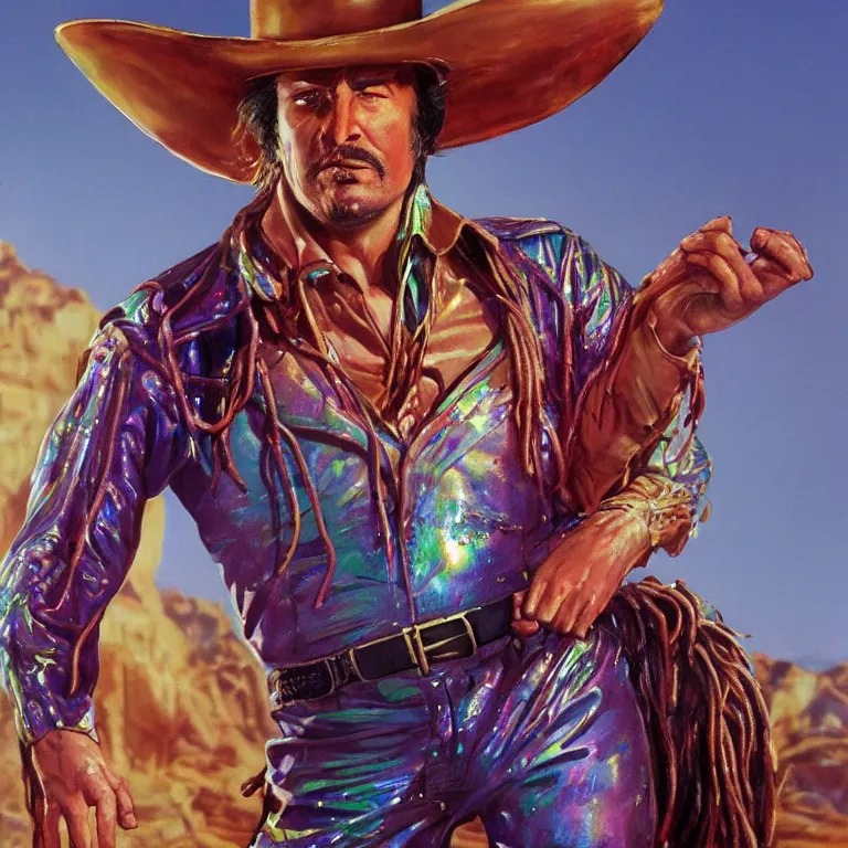 Prompt: 1 9 7 0's spaghetti western film octane render portrait by wayne barlow and carlo crivelli and glenn fabry, a person wearing a shiny colorful iridescent latex suit and cowboy hat covered in colorful slime, standing in a scenic western landscape, cinema 4 d, ray traced lighting, very short depth of field, bokeh