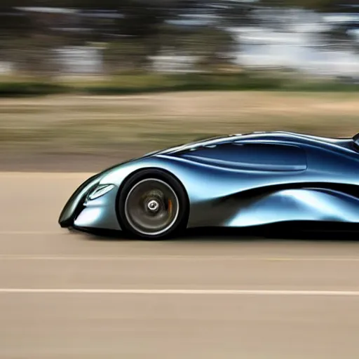 Prompt: a. new design car with undercarriage swoops like a dolphin's belly. this reduces drag, or the force of air flowing against the motion of the vehicle is curved at the nose, wide along the sides and tapered toward the trunk like a small, speedy aircraft - n 9