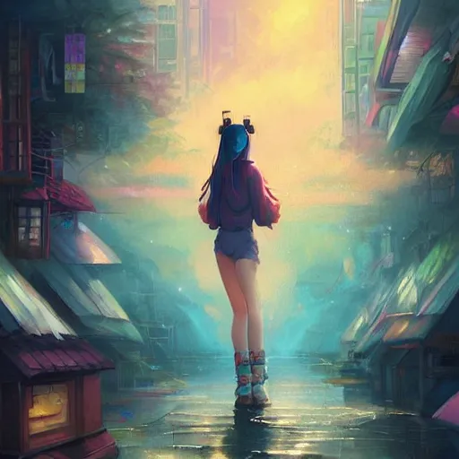 Image similar to lo-fi colorful masterpiece by Ross Tran, WLOP, Dan Mumford, Christophe Vacher, painting, asian girl, with headphones, studyng in bedroom, window with Tokyo view, lo-fi illustration style, by WLOP, by loish, by apofis, alive colors