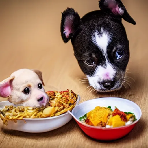 Prompt: photography of a puppie sharing his meal with a small baby cat, animal photography, award winning photography by Leonardo Espina