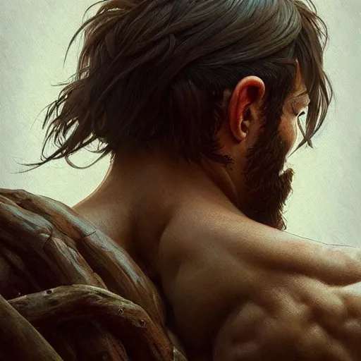 Prompt: back portrait of a rugged ranger, full body!!!, muscular, hairy, forest, anatomy, D&D, fantasy, intricate, elegant, highly detailed, digital painting, artstation, concept art, matte, sharp focus, illustration, art by Artgerm and Greg Rutkowski and Alphonse Mucha