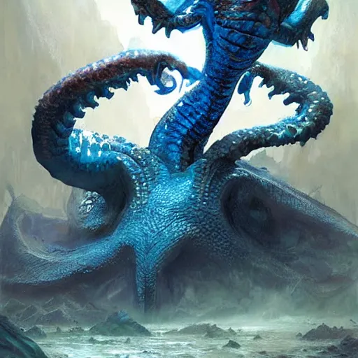 Prompt: blue crocodile squid hybrid, epic fantasy style art by Craig Mullins, fantasy epic digital art, epic fantasy card game art by Greg Rutkowski