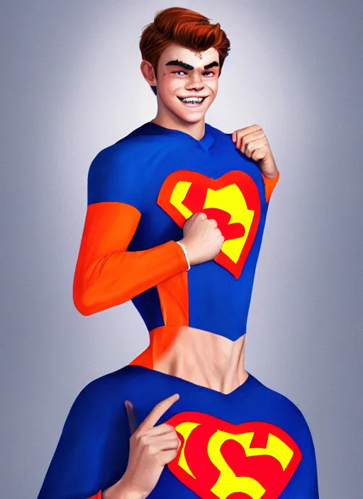 Image similar to friendly teenage archie andrews wearing an orange superhero costume with heart logo, heart, freckles, blue cape, heart emblem on chest, blue cape, intricate, elegant, glowing lights, highly detailed, digital painting, artstation, sharp focus, illustration, art by wlop, mars ravelo and greg rutkowski