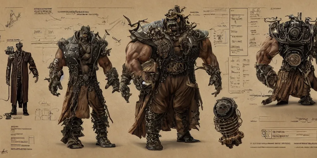 Image similar to steampunk hulk, character sheet, concept design, contrast, hot toys, kim jung gi, greg rutkowski, zabrocki, karlkka, jayison devadas, trending on artstation, 8 k, ultra wide angle, pincushion lens effect