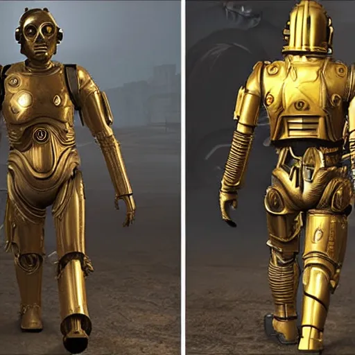 Image similar to C3PO in Gears of War, wearing a trench coat