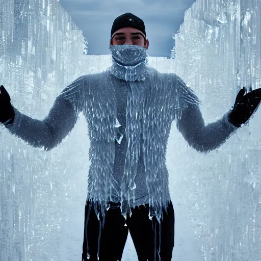 Prompt: ultra detailed photo of a man with many icey arms covering his entire body