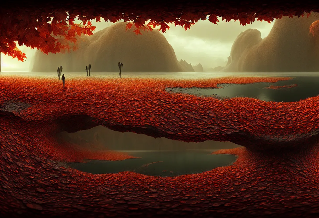 Image similar to inside of alien autumn lake landscape of human mind and imagination, matte painting, beautiful render, octane render, concept art