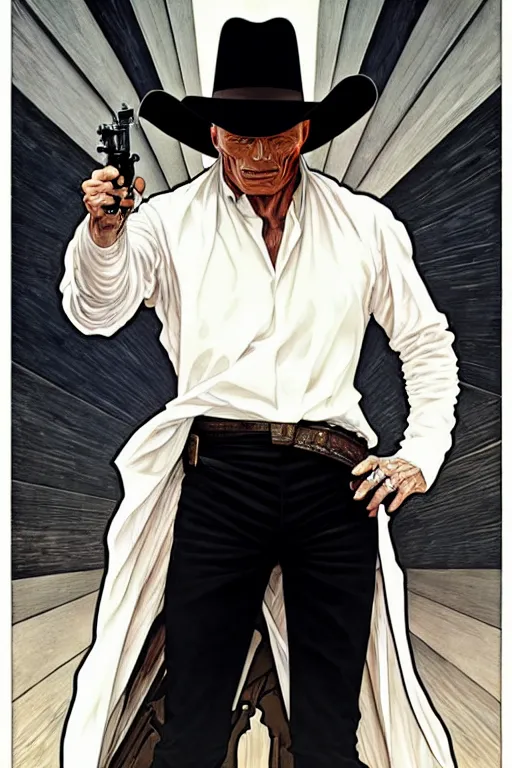 Image similar to ed harris as the man in black, westworld, wearing an all white outfit in the style of art by artgerm and greg rutkowski and alphonse mucha