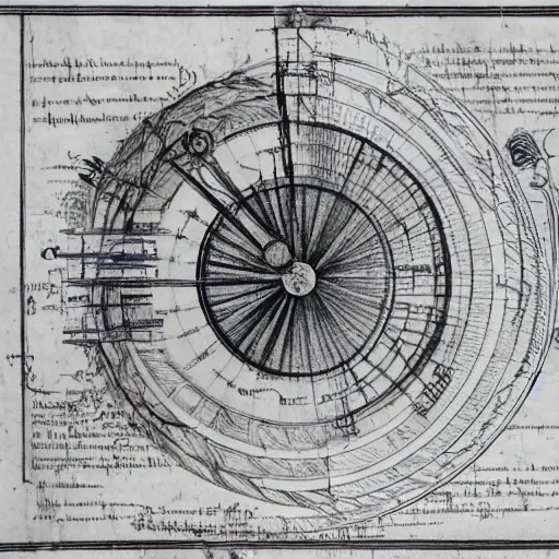 Image similar to The blueprint of making a Perpetual motion machine on the Parchment, medevial, scretch, Da Vinci.