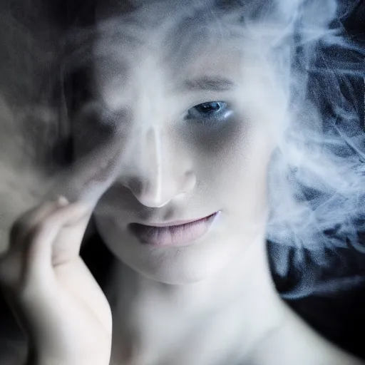 Image similar to A beautiful young woman, smoke, double exposure, medium shot, studio lighting,