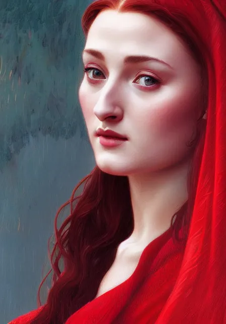 Image similar to portrait of sansa stark in red crimson, intricate, elegant, highly detailed, digital painting, artstation, concept art, smooth, sharp focus, illustration, art by artgerm and greg rutkowski and alphonse mucha and william - adolphe bouguereau