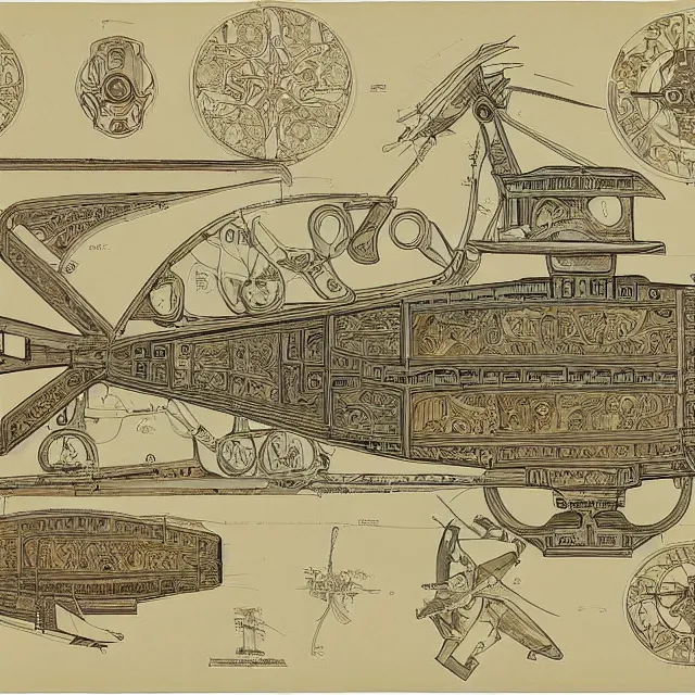 Prompt: detailed, intricate technical drawings on parchment from 1 8 4 0, with labels and notes, for a beautiful, symmetric, art deco submarine cutaway, by ron cobb and alphonse mucha