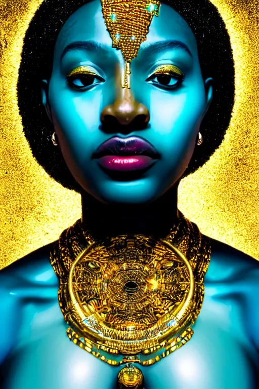 Image similar to hyperrealistic post - futurist cinematic profile very expressive! black oshun goddess, in water! up to shoulders, mirror dripping droplet!, gold flowers, highly detailed face, digital art masterpiece, smooth eric zener cam de leon, dramatic pearlescent turquoise light on one side, low angle uhd 8 k, shallow depth of field