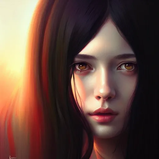 Image similar to a beautiful girl with long black hair, fantasy, portrait, sharp focus, intricate, elegant, digital painting, artstation, matte, highly detailed, concept art, illustration, ambient lighting, art by ilya kuvshinov, artgerm, and Greg Rutkowski