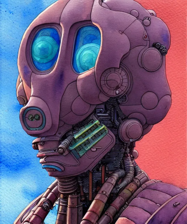 Image similar to a watercolor painting character portrait of a machine mutant in the style of jean giraud in the style of moebius trending on artstation deviantart pinterest detailed realistic hd 8 k high resolution