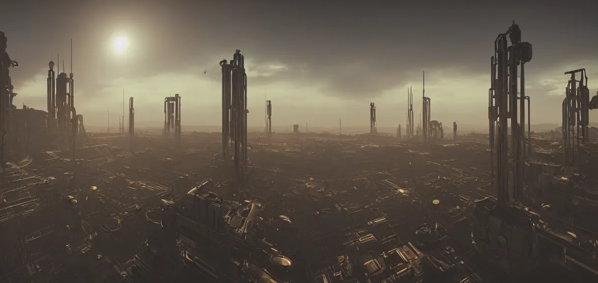 prompthunt: a minimalist scifi brutalist maschinen krieger robot factory at  the golden hour with columns of steam, ilm, beeple, star citizen halo, mass  effect, bladerunner, elysium