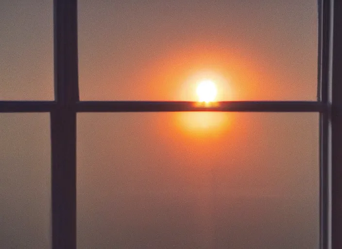 Prompt: poor quality photo of the sunrise through a window, brown sky