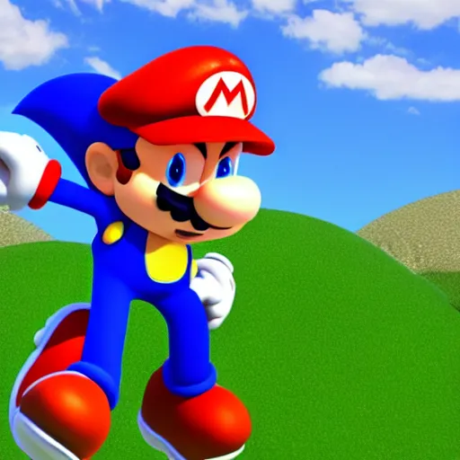 Prompt: a 3 d render of mario wearing a sonic suit, blue spiky hair, in a meadow