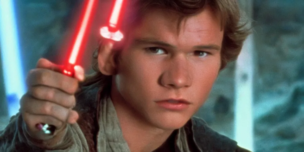 Image similar to A full color still from a film of a teenage Han Solo as a Jedi padawan holding a lightsaber hilt, from The Phantom Menace, directed by Steven Spielberg, 35mm 1990