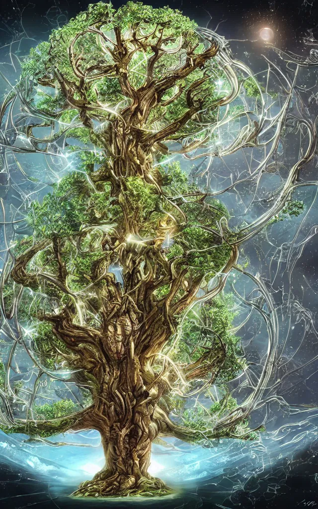 Image similar to futurist cybernetic yggdrasil world tree, future perfect, award winning digital art