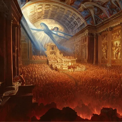 Image similar to the sistine chapel breaks open in half in the ceiling as a red magical portal from hell opens up, lucifer morningstar emerges along with hordes of demons, the priests and the pope look at the scene with terror in their eyes. highly detailed painting by gaston bussiere, greg rutkowski, craig mullins 8 k