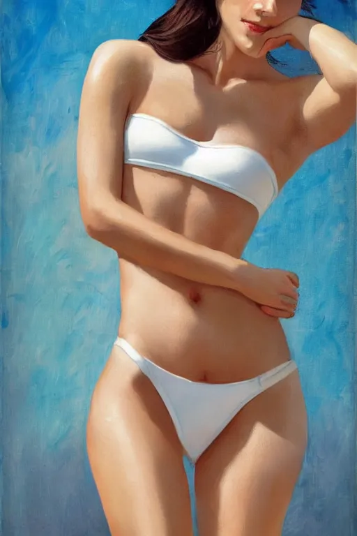 Prompt: female in white bikini with tattoos and stormtrooper helmet, well composed, clean elegant painting, beautiful detailed face. 6 0 s style advertising