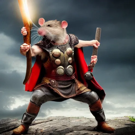 Image similar to the rat thor ~ holding his hammer ~ dramatic thunder background ~ fighting scene ~