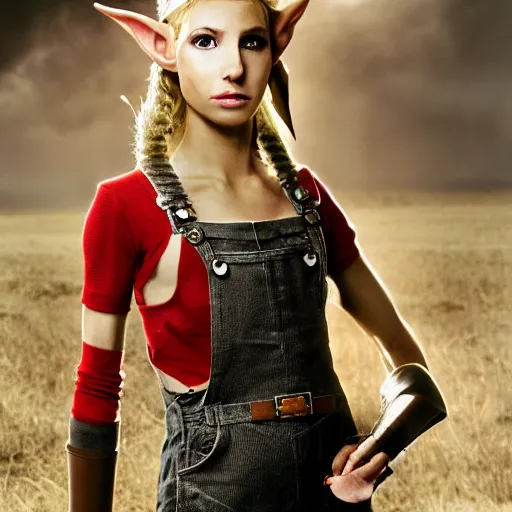 Prompt: a skinny female high-fantasy elf with a long face narrow chin and short spiky blonde hair wearing dark brown overalls and holding a bomb next to a destroyed car, gel spiked blond hair, small ears, narrow lips, high resolution film still, HDR color