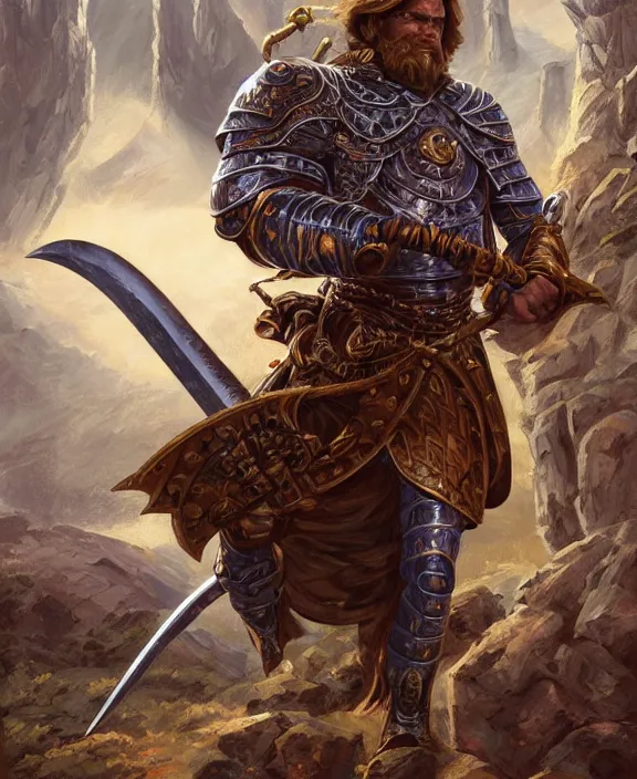 Image similar to strong warrior with legendary sword, fantasy, man, gilded shiny armour, highly detailed, contrast, digital painting, artstation, concept art, wallpaper, smooth, sharp focus, illustration, illumination, raytracting, art by larry elmore, jeff easley, clyde waldwell, keith parkinson, daniel r horne