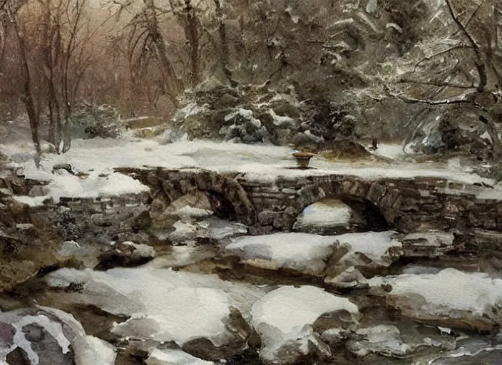 Prompt: watercolor of rustic stone bridge winter landscape, glistering, high detailed art by dennis miller bunker, work by anders zorn, wonderful masterpiece by greg rutkowski, beautiful cinematic light, american romanticism by greg manchess, creation by tyler edlin