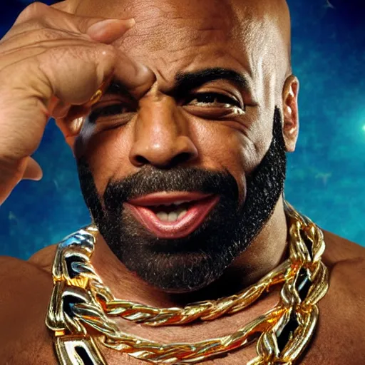 Image similar to a photograph of joe rogan as mr. t wearing many gold chains with a psychedelic dmt background