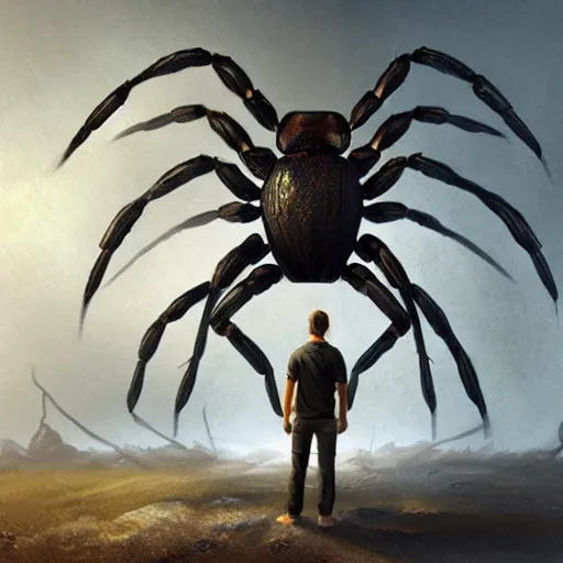 Image similar to a man standing in front of a giant spider, concept art by jason a. engle, cgsociety, fantasy art, concept art, lovecraftian, apocalypse art.