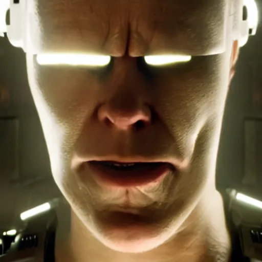 Image similar to movie still of a villain cyborg, facial expression, cinematic composition, cinematic light, by edgar wright and david lynch,