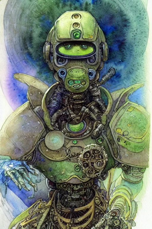 Image similar to a realistic and atmospheric watercolour fantasy character concept art portrait of a mechanized android turtle as a druidic warrior wizard looking at the camera with an intelligent gaze, very muted colors, by rebecca guay, michael kaluta, charles vess and jean moebius giraud