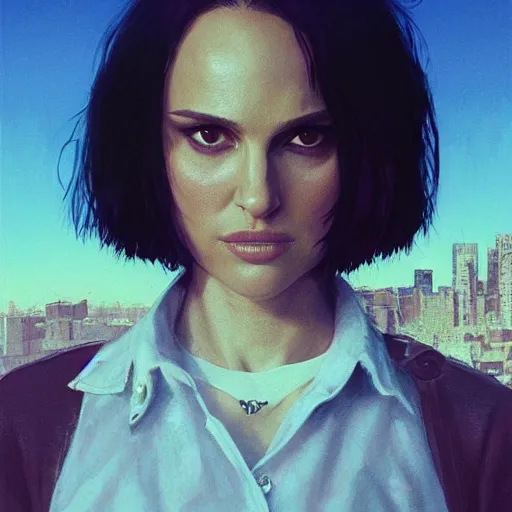 Image similar to closeup portrait of natalie portman from the movie leon the professional, matilda, hitman, city background, dramatic light, gorgeous view, depth, high detail, digital art, painted by greg rutkowski and seb mckinnon, by tim burton, trending on artstation